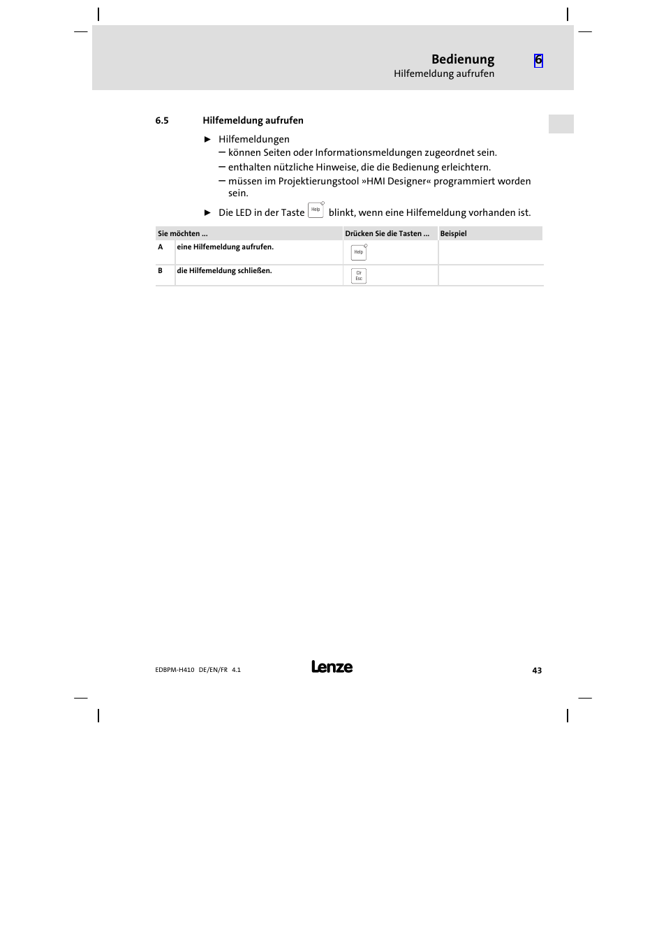5 hilfemeldung aufrufen, Hilfemeldung aufrufen, Bedienung | Lenze EPM−H410 User Manual | Page 43 / 154