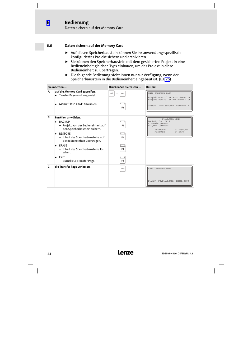 6 daten sichern auf der memory card, Daten sichern auf der memory card, Bedienung | Lenze EPM−H410 User Manual | Page 44 / 154