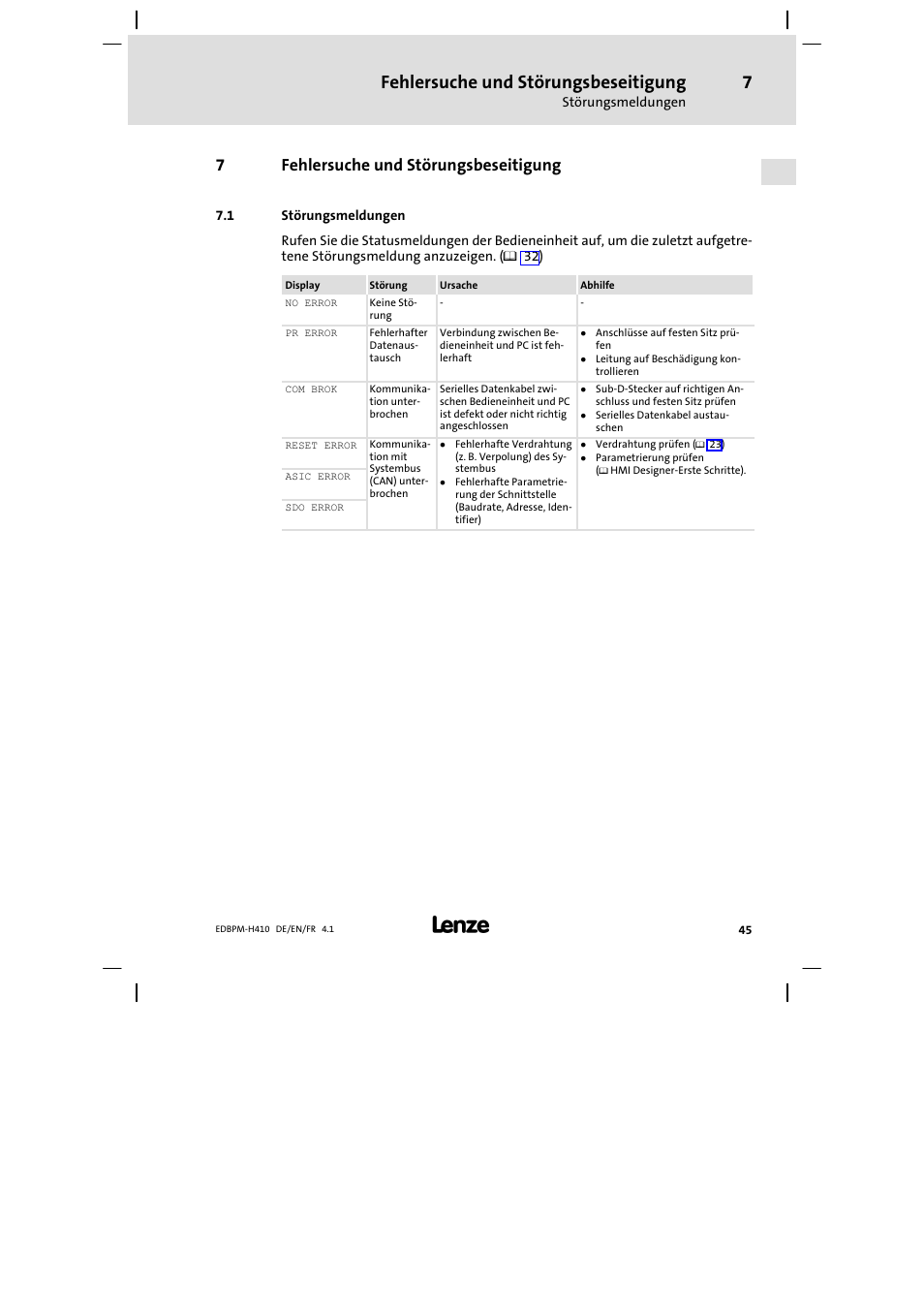 7 fehlersuche und störungsbeseitigung, 1 störungsmeldungen, Fehlersuche und störungsbeseitigung | Störungsmeldungen, 7fehlersuche und störungsbeseitigung | Lenze EPM−H410 User Manual | Page 45 / 154