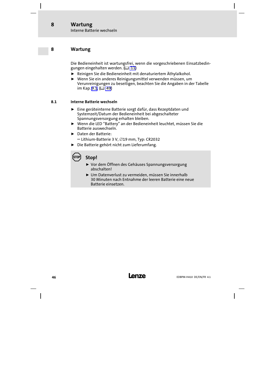 8 wartung, 1 interne batterie wechseln, Wartung | Interne batterie wechseln | Lenze EPM−H410 User Manual | Page 46 / 154