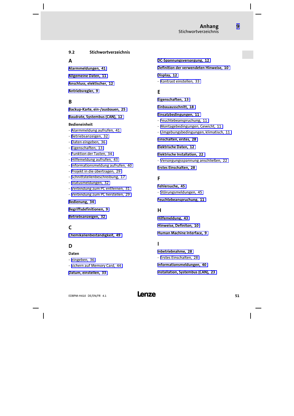 2 stichwortverzeichnis, Stichwortverzeichnis, Anhang | Lenze EPM−H410 User Manual | Page 51 / 154