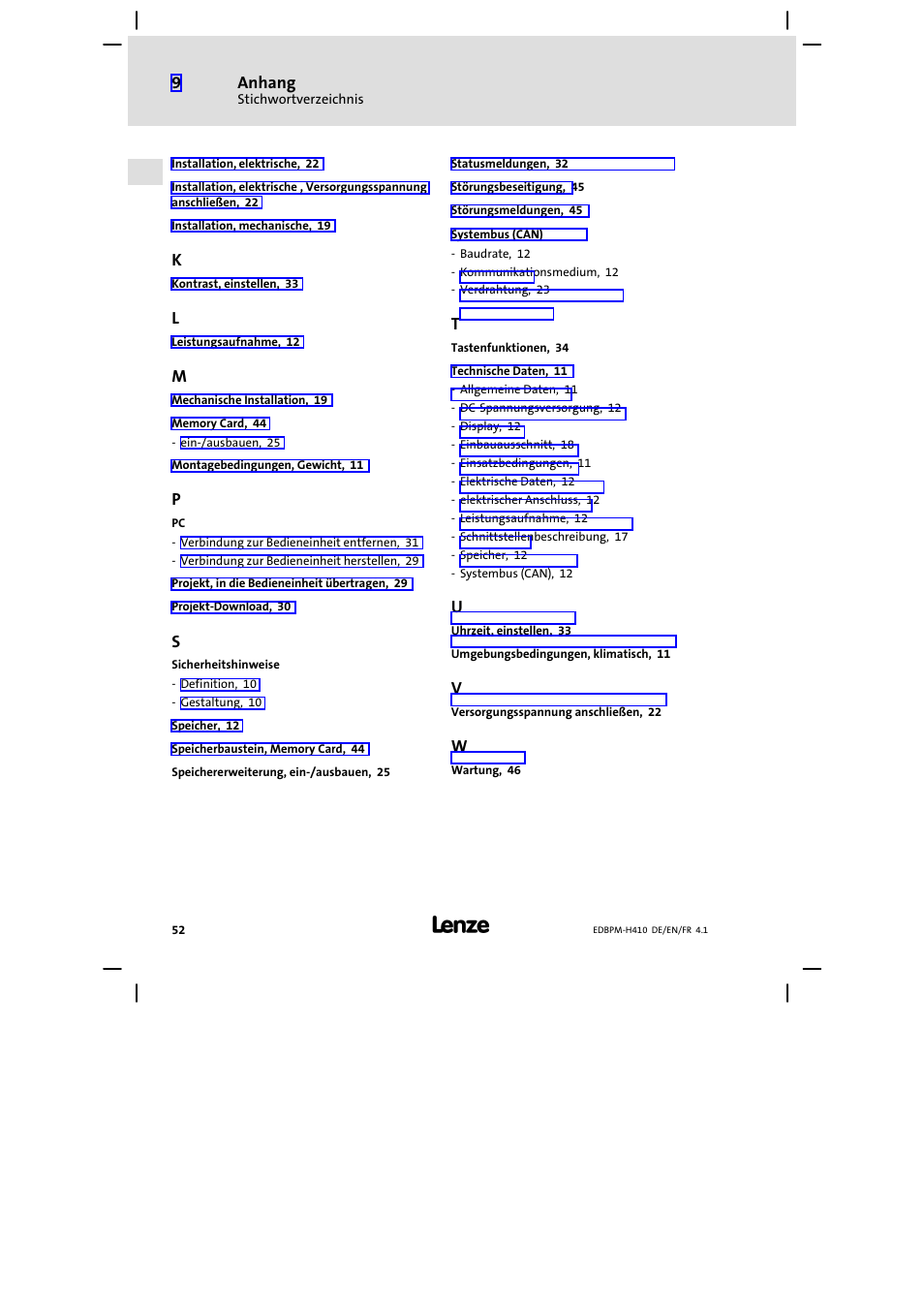 Anhang | Lenze EPM−H410 User Manual | Page 52 / 154