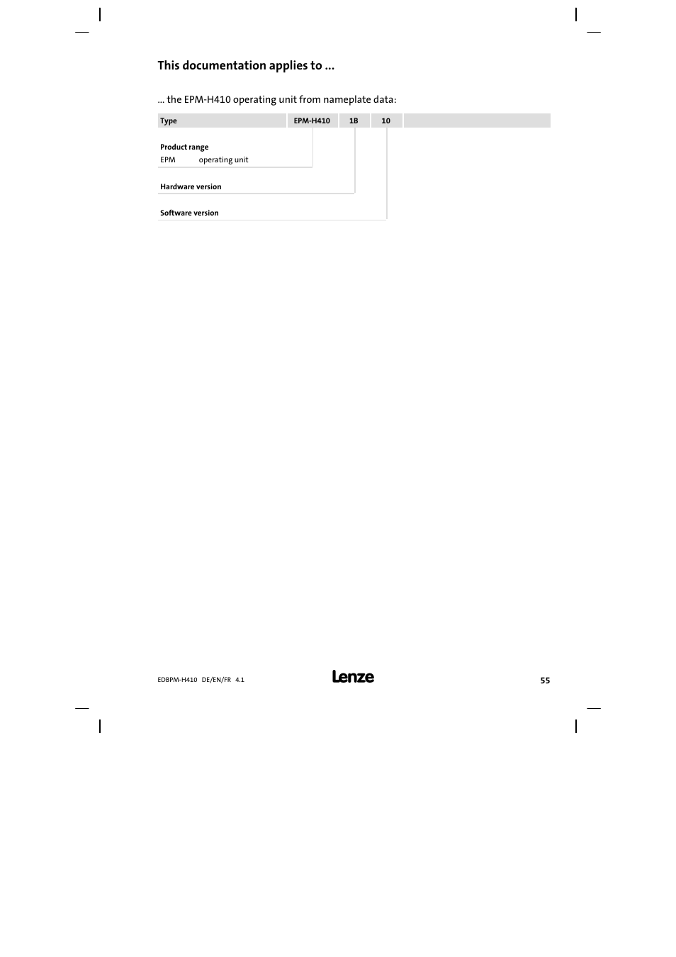 This documentation applies to | Lenze EPM−H410 User Manual | Page 55 / 154