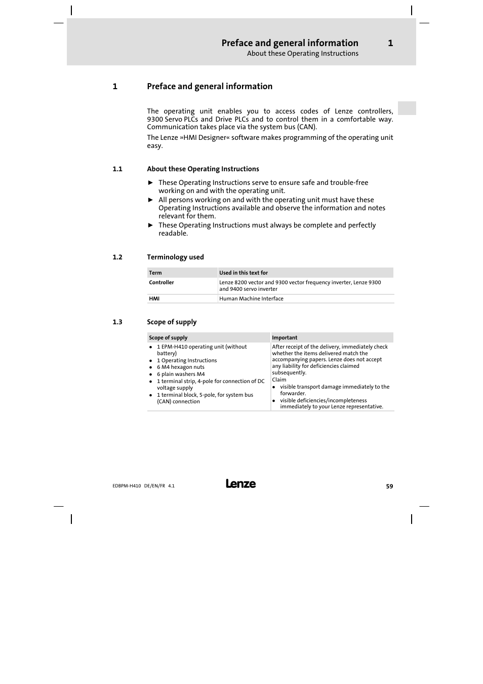 1 preface and general information, 1 about these operating instructions, 2 terminology used | 3 scope of supply, Preface and general information, About these operating instructions, Terminology used, Scope of supply, 1preface and general information | Lenze EPM−H410 User Manual | Page 59 / 154