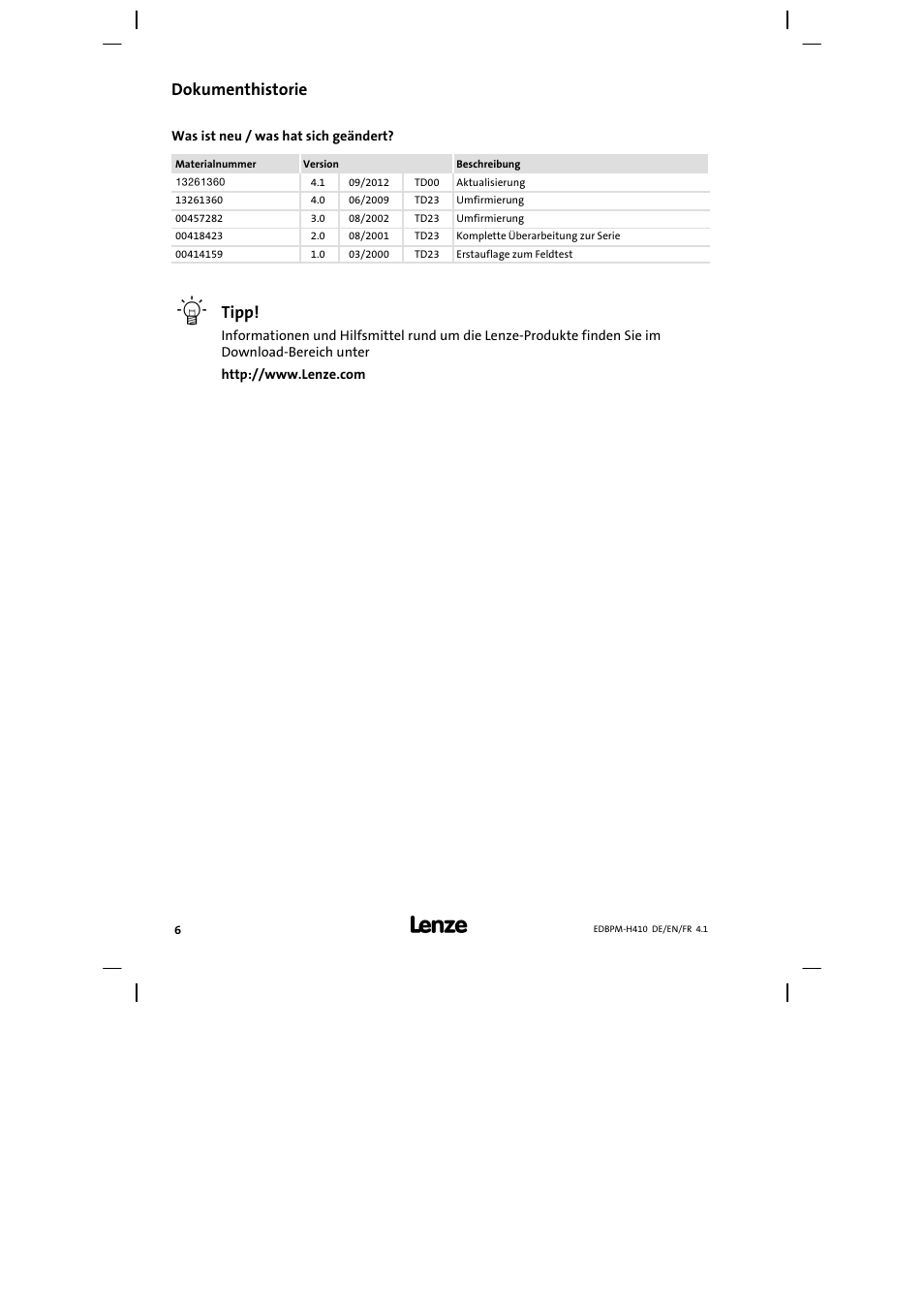 Dokumenthistorie, Tipp | Lenze EPM−H410 User Manual | Page 6 / 154