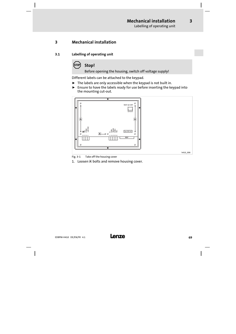 3 mechanical installation, 1 labelling of operating unit, Mechanical installation | Labelling of operating unit, 3mechanical installation, Stop | Lenze EPM−H410 User Manual | Page 69 / 154