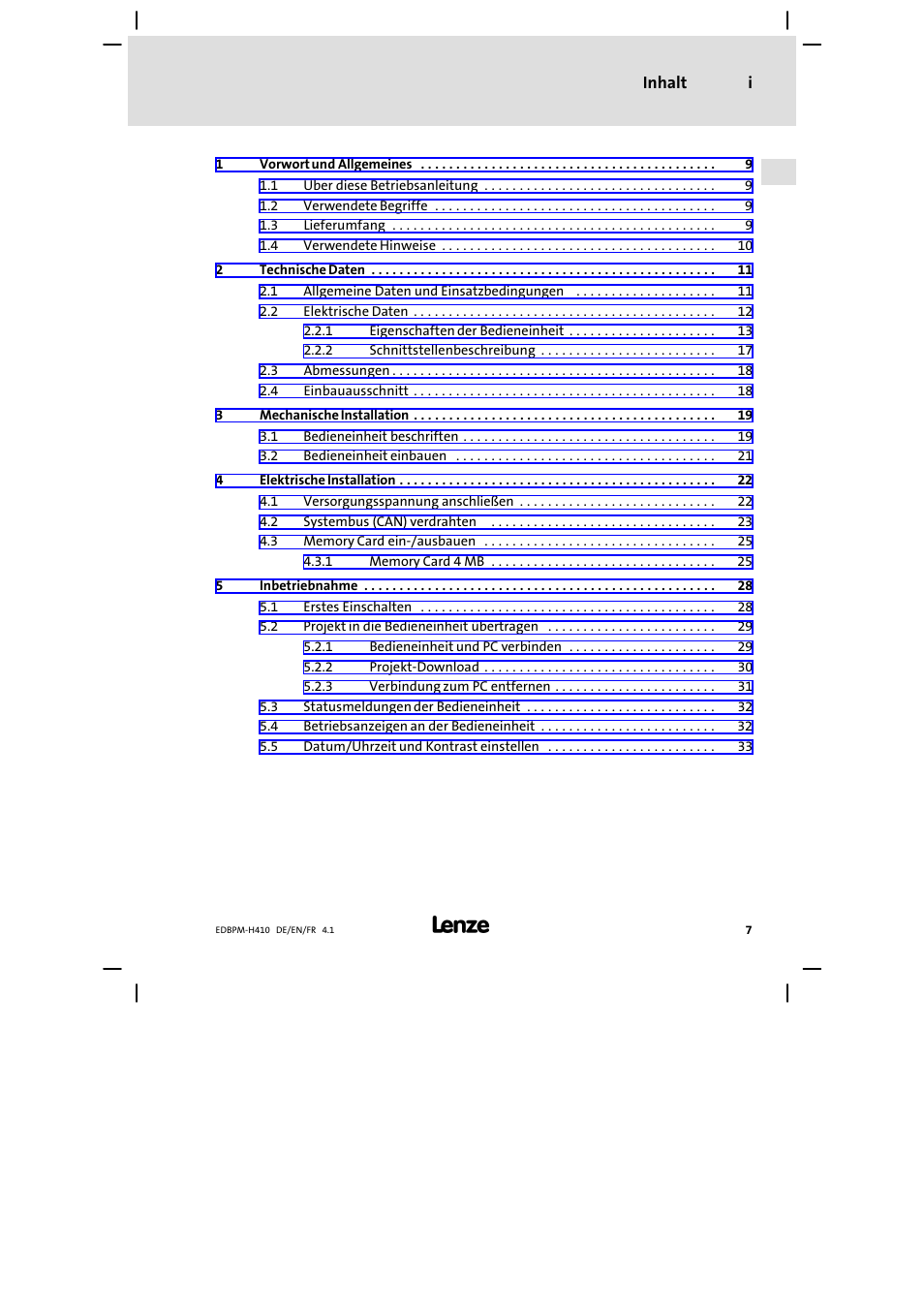 Inhalt | Lenze EPM−H410 User Manual | Page 7 / 154