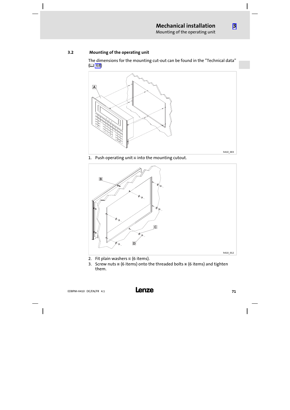 2 mounting of the operating unit, Mounting of the operating unit, Mechanical installation | Lenze EPM−H410 User Manual | Page 71 / 154