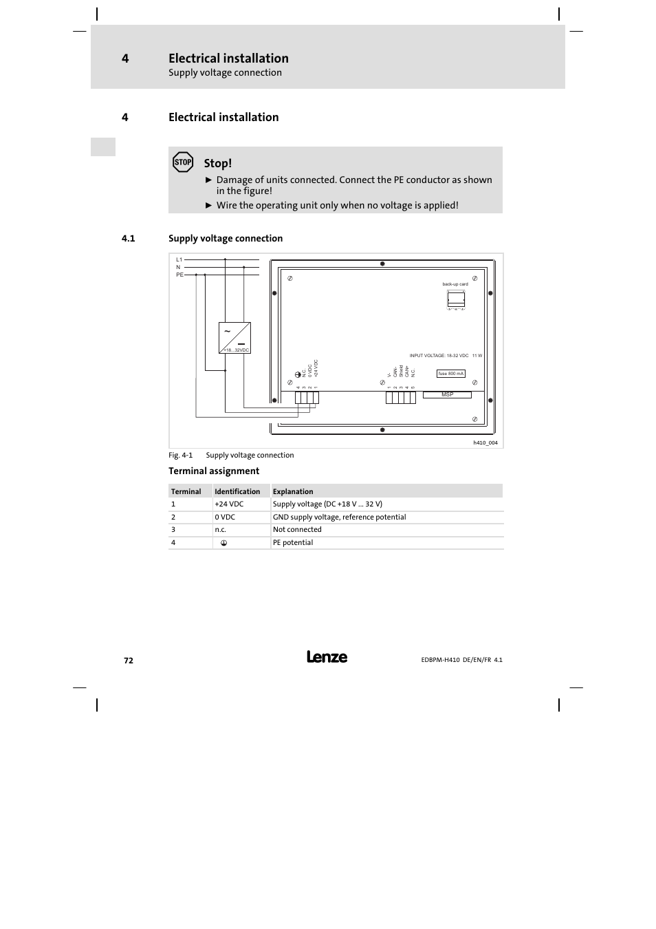 4 electrical installation, 1 supply voltage connection, Electrical installation | Supply voltage connection, 4electrical installation, Stop, Terminal assignment | Lenze EPM−H410 User Manual | Page 72 / 154