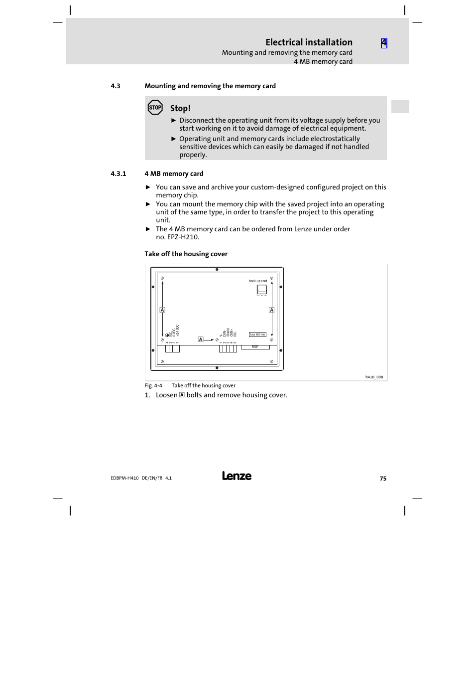 3 mounting and removing the memory card, 1 4 mb memory card, Mounting and removing the memory card | 4 mb memory card, Electrical installation, Stop | Lenze EPM−H410 User Manual | Page 75 / 154