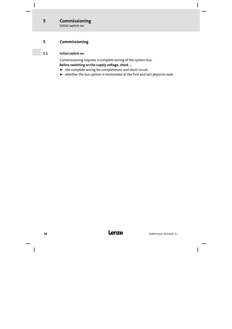 5 commissioning, 1 initial switch-on, Commissioning | Initial switch−on | Lenze EPM−H410 User Manual | Page 78 / 154