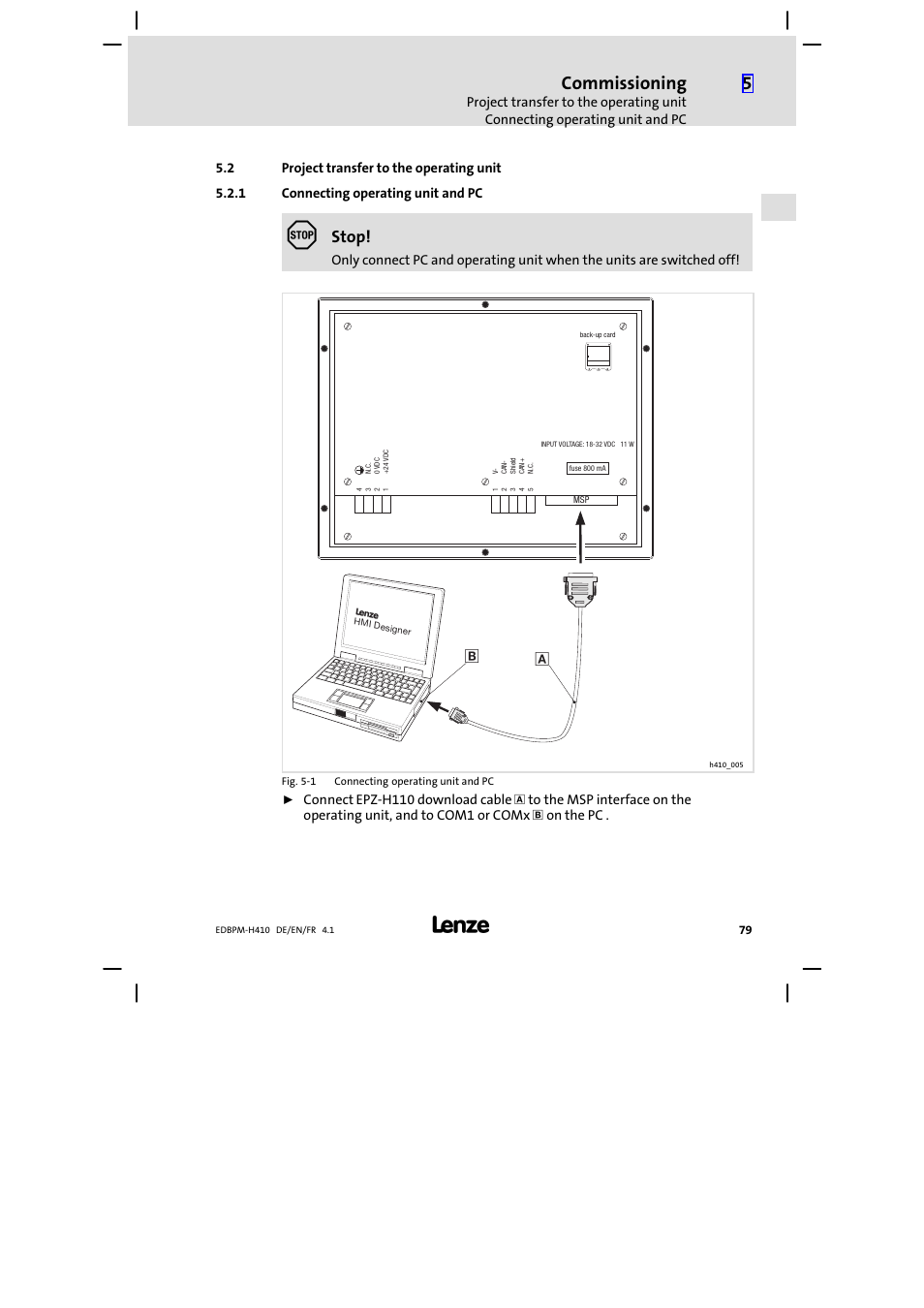 2 project transfer to the operating unit, 1 connecting operating unit and pc, Project transfer to the operating unit | Connecting operating unit and pc, Commissioning, Stop | Lenze EPM−H410 User Manual | Page 79 / 154