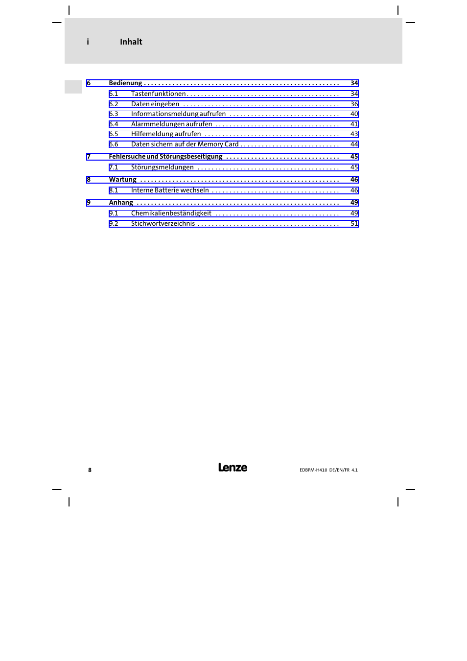 Lenze EPM−H410 User Manual | Page 8 / 154