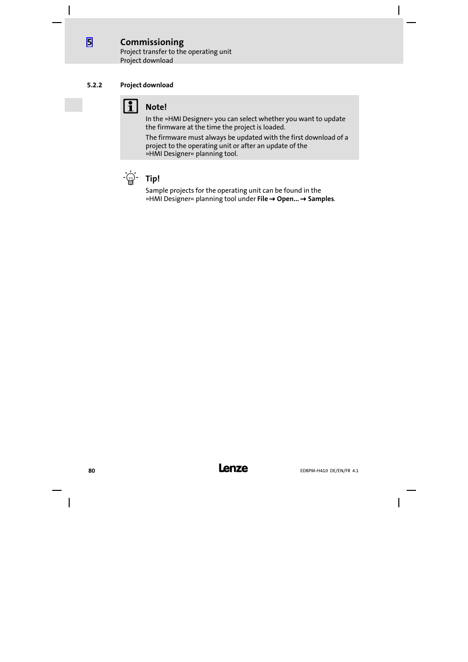 2 project download, Project download | Lenze EPM−H410 User Manual | Page 80 / 154