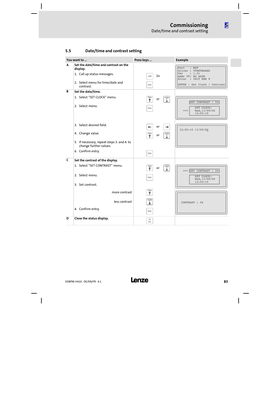 5 date/time and contrast setting, Date/time and contrast setting, Commissioning | Lenze EPM−H410 User Manual | Page 83 / 154