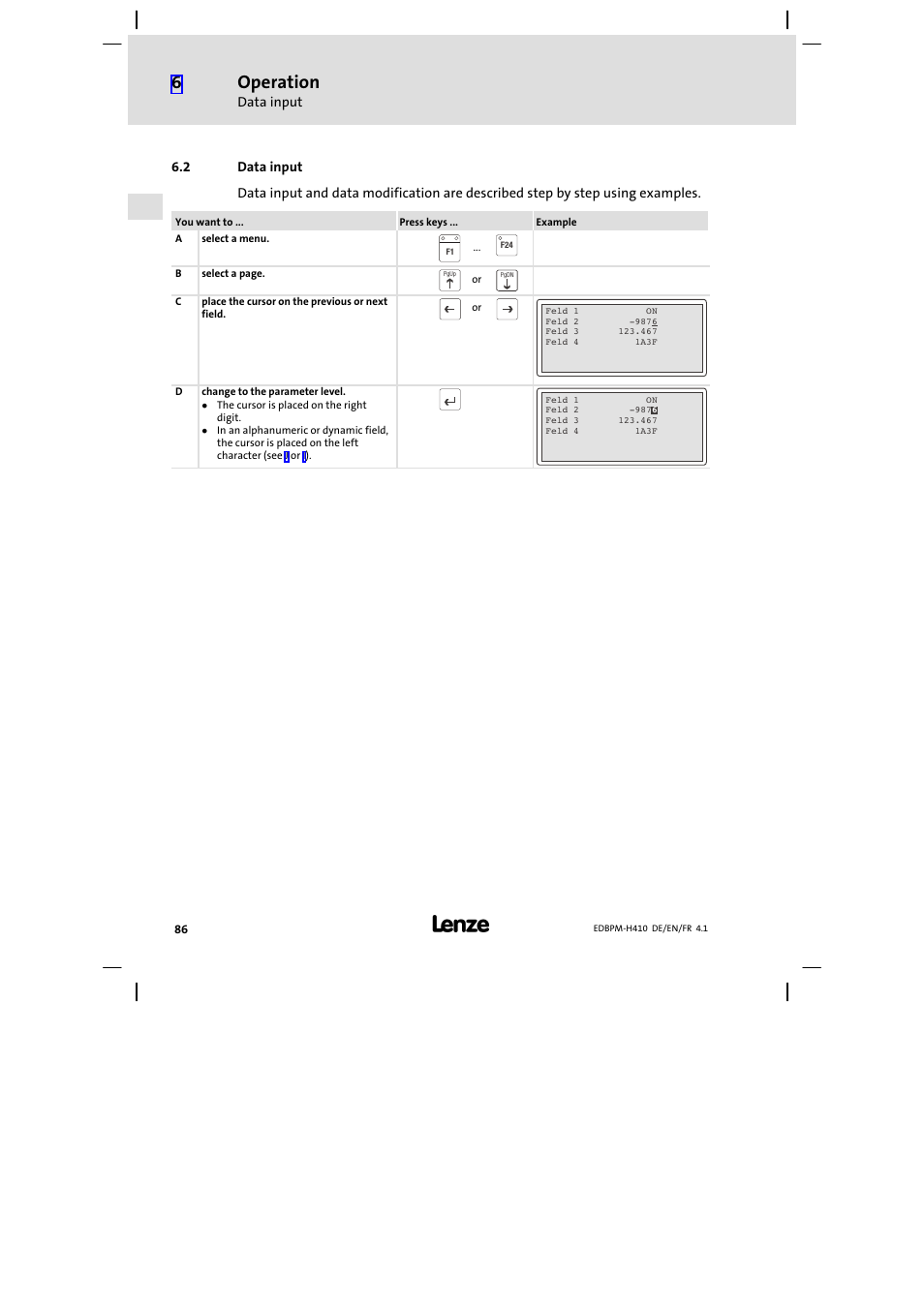 2 data input, Data input, Operation | Lenze EPM−H410 User Manual | Page 86 / 154