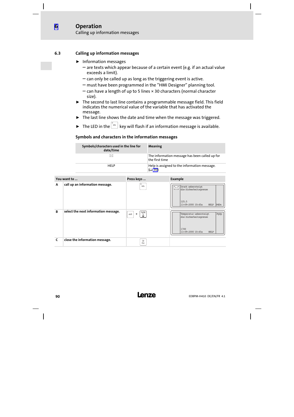 3 calling up information messages, Calling up information messages, Operation | Lenze EPM−H410 User Manual | Page 90 / 154