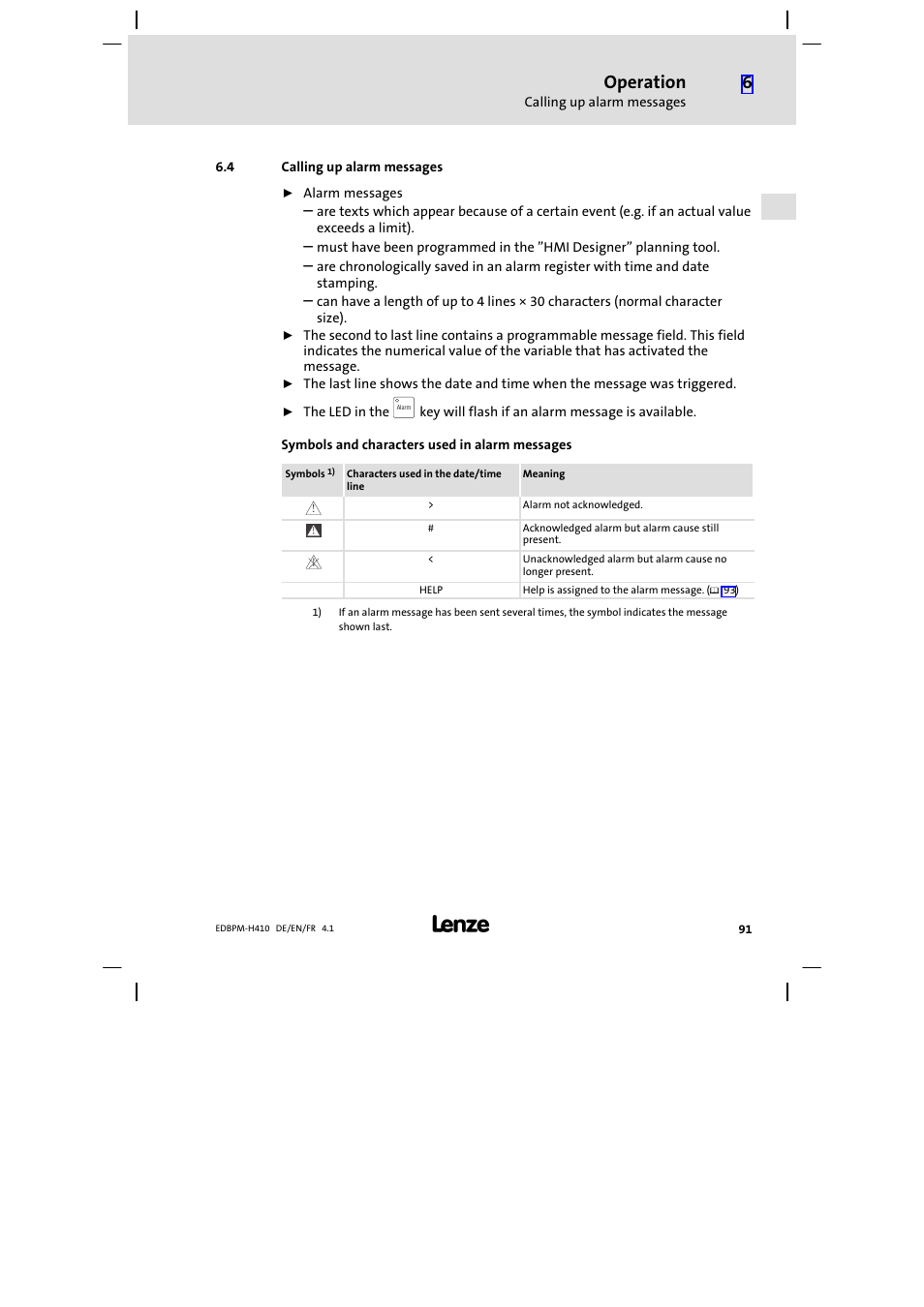 4 calling up alarm messages, Calling up alarm messages, Operation | Lenze EPM−H410 User Manual | Page 91 / 154