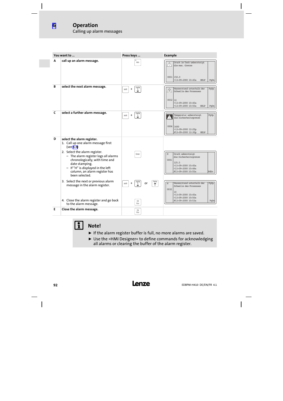 Operation, Calling up alarm messages | Lenze EPM−H410 User Manual | Page 92 / 154