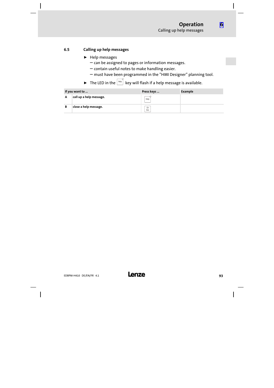 5 calling up help messages, Calling up help messages, Operation | Lenze EPM−H410 User Manual | Page 93 / 154