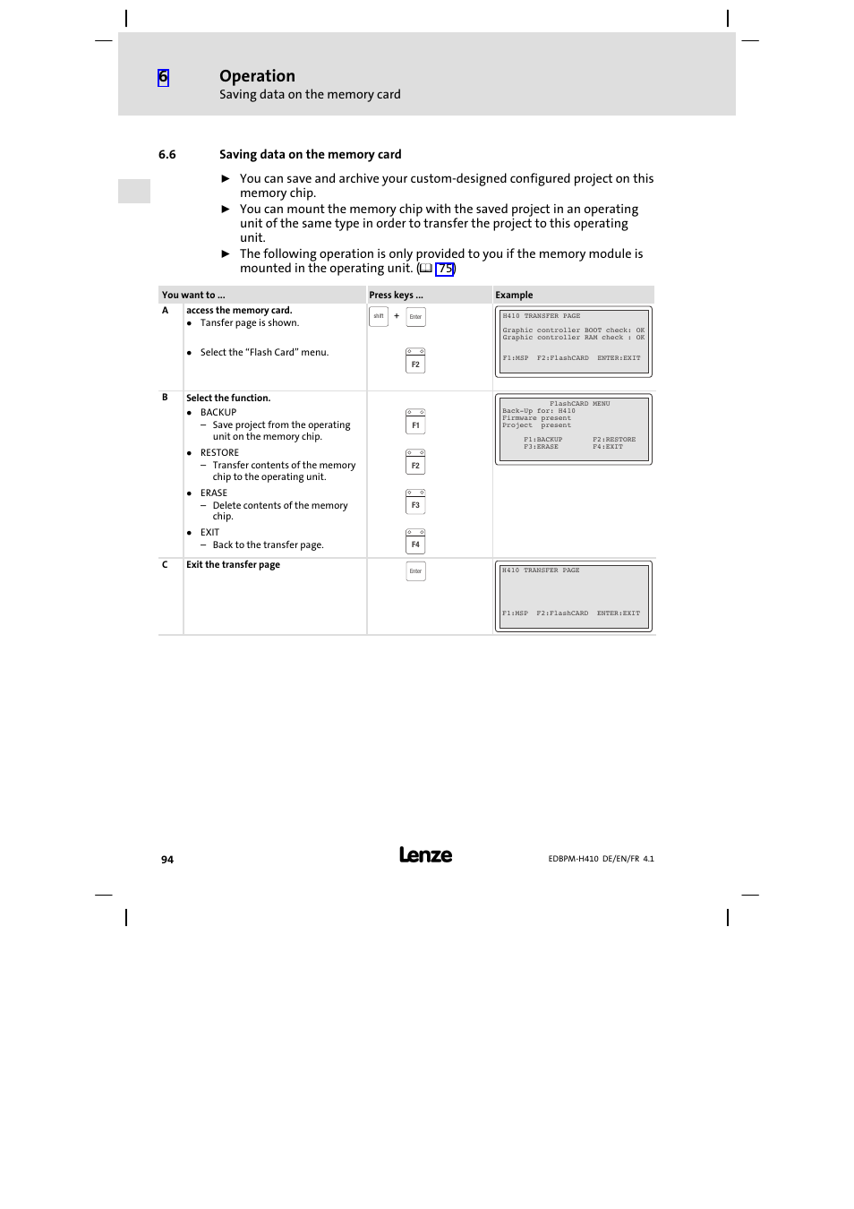 6 saving data on the memory card, Saving data on the memory card, Operation | Lenze EPM−H410 User Manual | Page 94 / 154