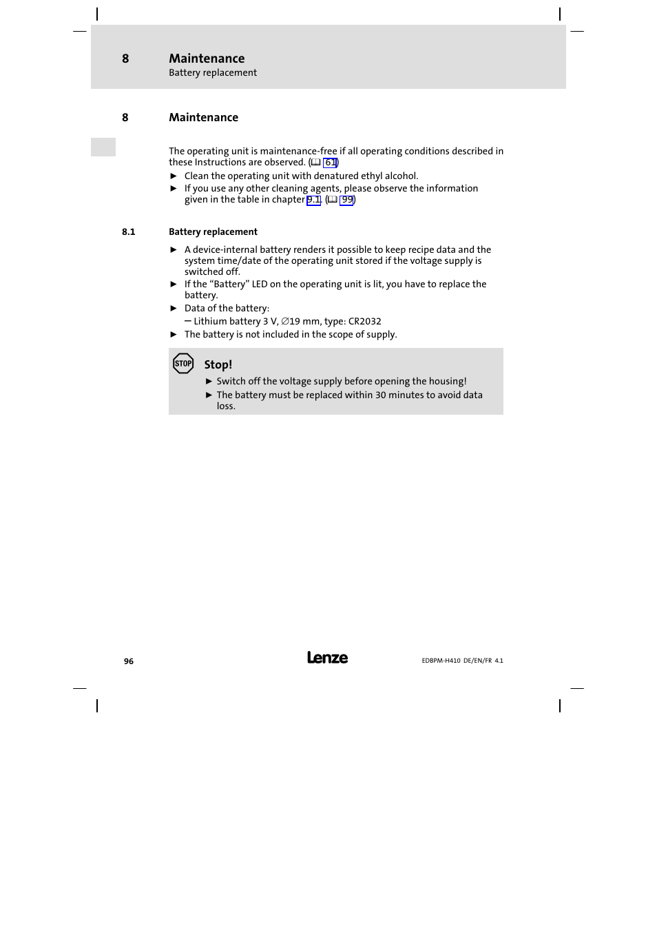 8 maintenance, 1 battery replacement, Maintenance | Battery replacement | Lenze EPM−H410 User Manual | Page 96 / 154