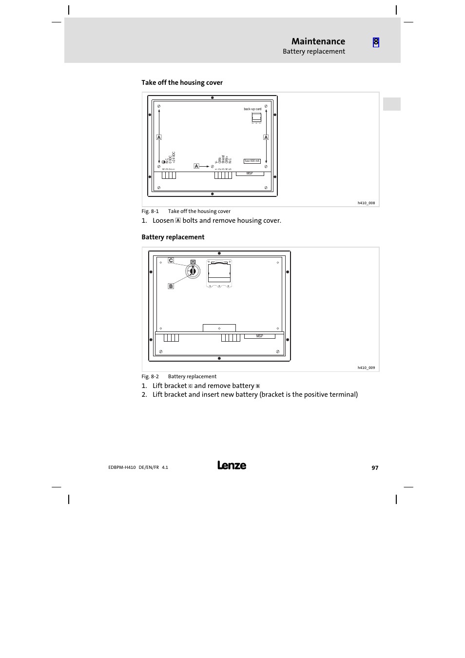 Maintenance, Battery replacement, Take off the housing cover 0 0 0 | Lift bracket, And remove battery | Lenze EPM−H410 User Manual | Page 97 / 154