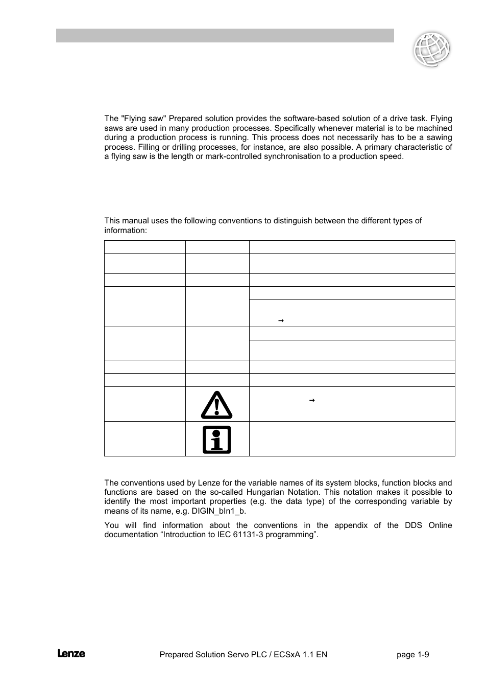 3 "flying saw“prepared solution, 5 conventions used, Variable names | Flying saw“prepared solution -9, Conventions used -9, Flyingsaw | Lenze EVS93xx FlyingSaw User Manual | Page 13 / 142