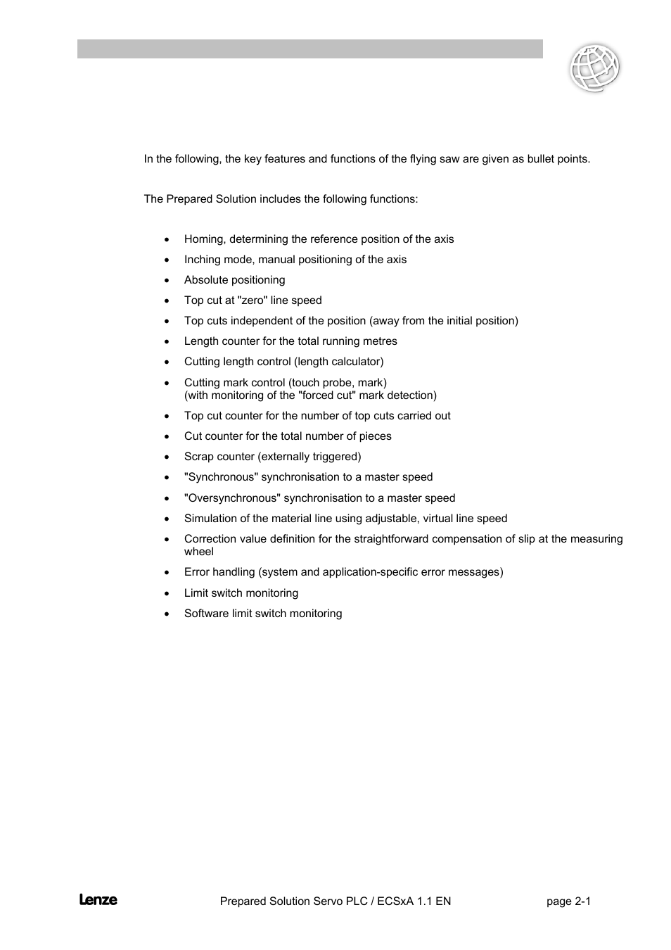 2 features of the prepared solution, Features of the prepared solution -1, Flyingsaw | 2features of the prepared solution | Lenze EVS93xx FlyingSaw User Manual | Page 14 / 142