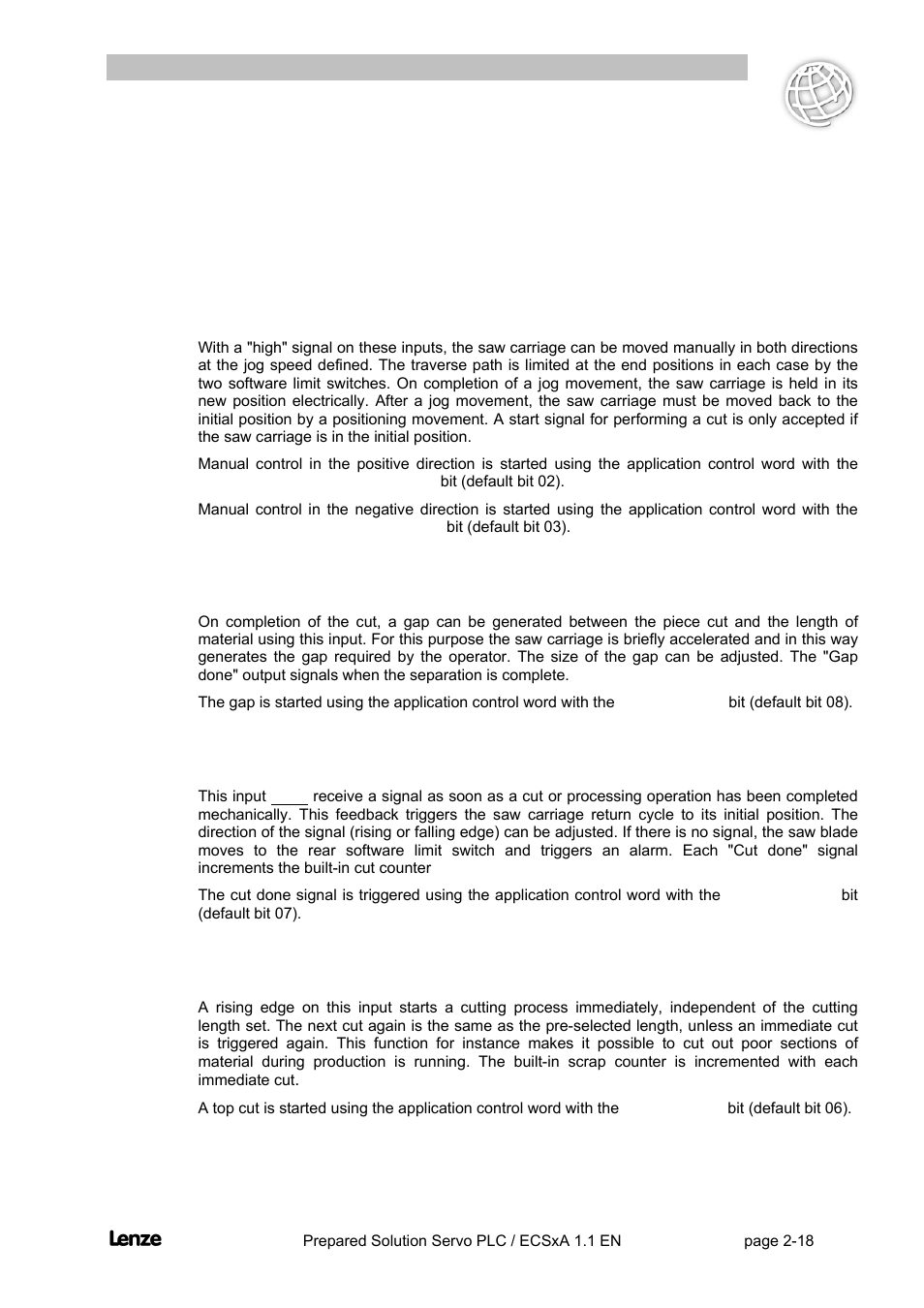 10 functions of the control inputs and outputs, 11 manual control, 12 start gap | 13 cut done, 14 immediate cut / top cut, Functions of the control inputs and outputs -18, Manual control -18, Start gap -18, Cut done -18, Immediate cut / top cut -18 | Lenze EVS93xx FlyingSaw User Manual | Page 31 / 142
