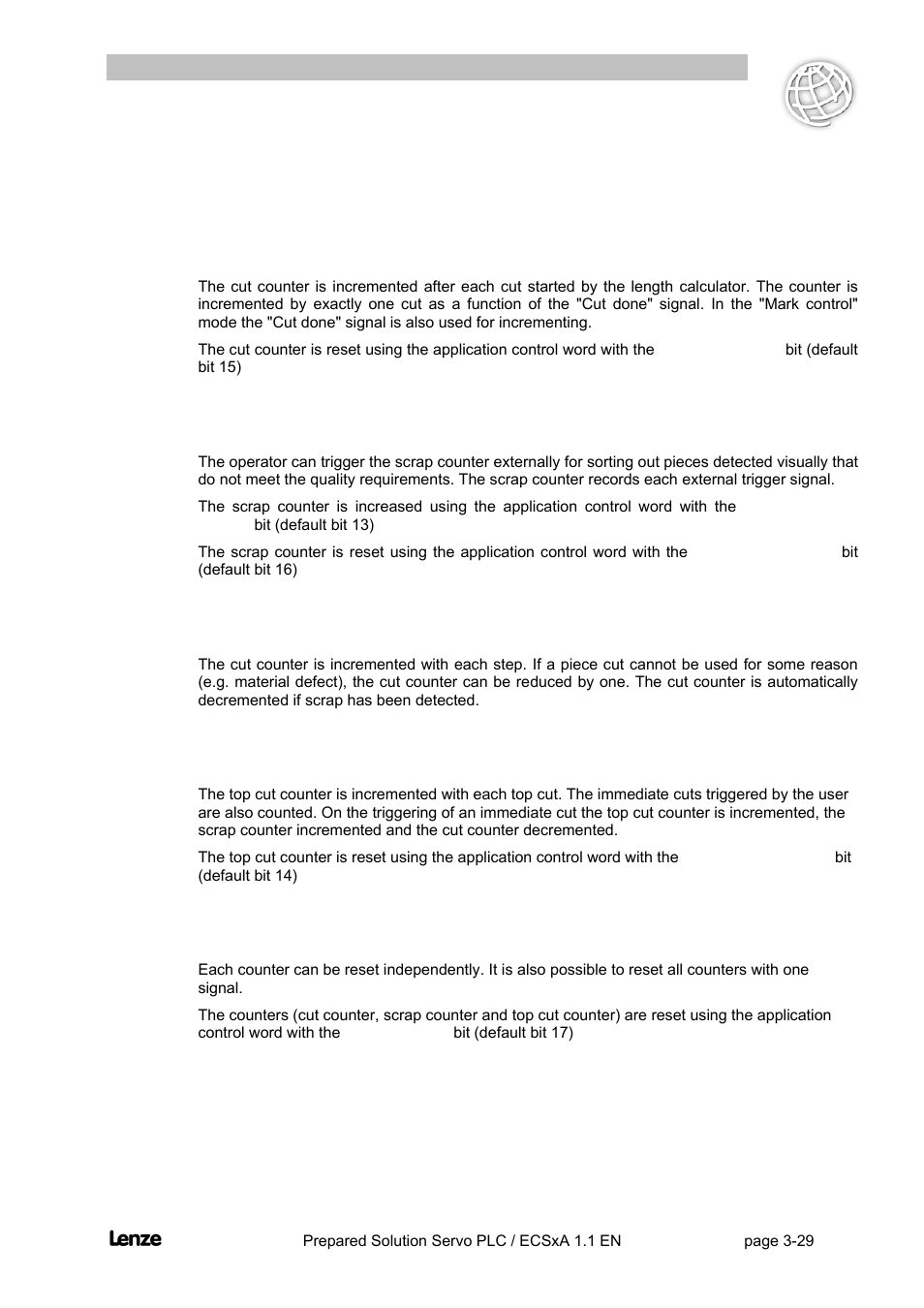 3 functions, 1 cut counter, 2 scrap counter | 3 decrementing cut counter, 4 top cut counter, 5 resetting the counters, Functions -29, Cut counter -29, Scrap counter -29, Decrementing cut counter -29 | Lenze EVS93xx FlyingSaw User Manual | Page 42 / 142