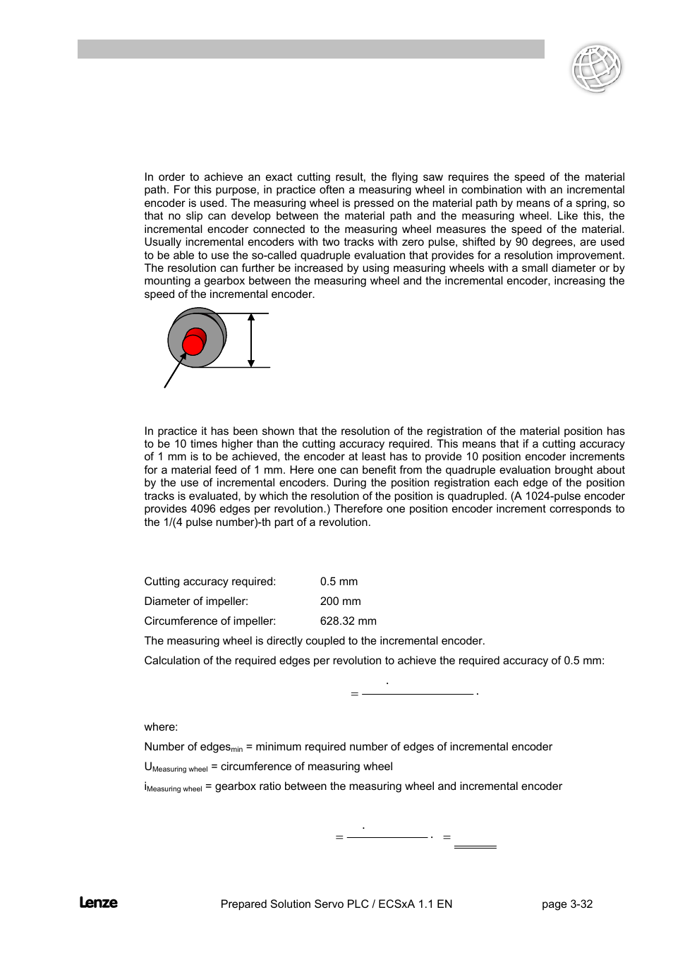 1 measuring wheel and encoder selection, Measuring wheel and encoder selection -32, Flyingsaw | Lenze EVS93xx FlyingSaw User Manual | Page 45 / 142