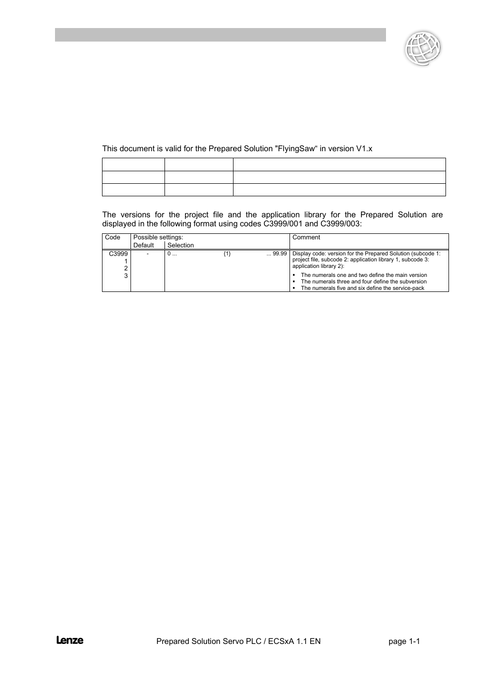 1 preface and general information, 1 version information, Preface and general information -1 | Version information -1, Flyingsaw, 1preface and general information, Preface and general information | Lenze EVS93xx FlyingSaw User Manual | Page 5 / 142