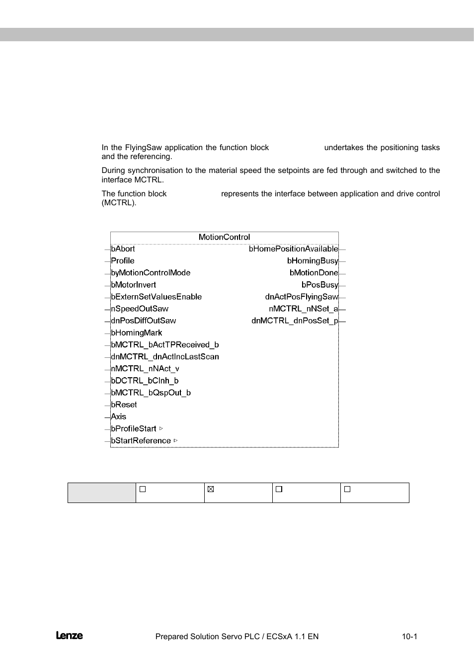 10 description of the function blocks, 1 function block motioncontrol, Description of the function blocks -1 | Function block motioncontrol -1, Flyingsaw | Lenze EVS93xx FlyingSaw User Manual | Page 99 / 142