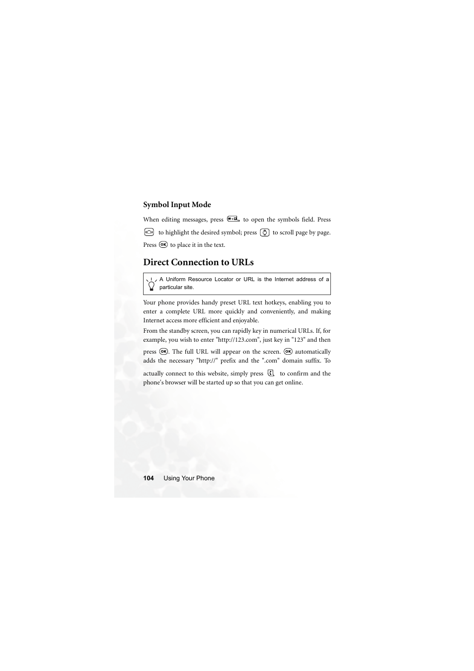 Symbol input mode, Direct connection to urls | BenQ S700 User Manual | Page 120 / 202