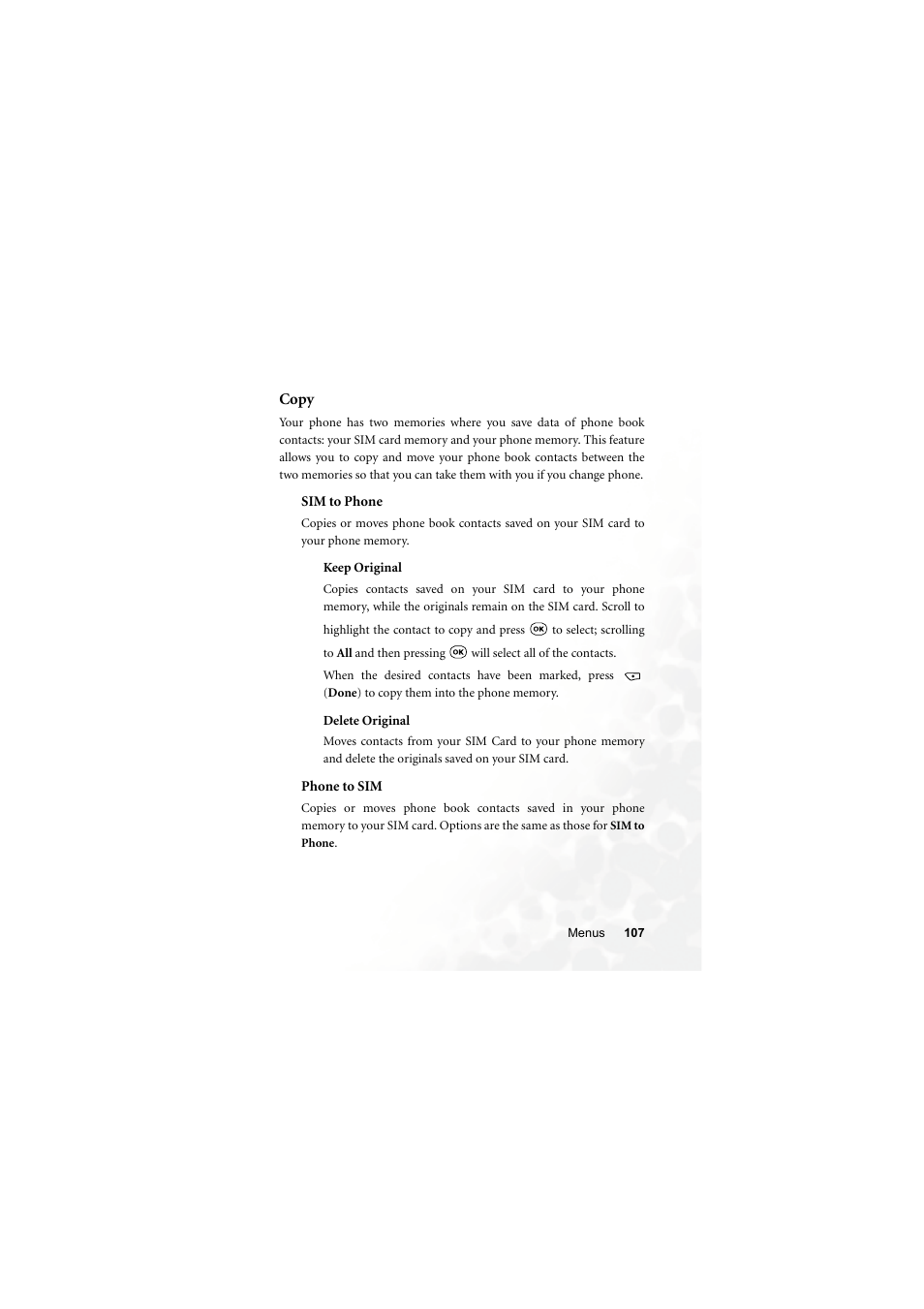 Copy, Sim to phone, Keep original | Delete original, Phone to sim | BenQ S700 User Manual | Page 123 / 202