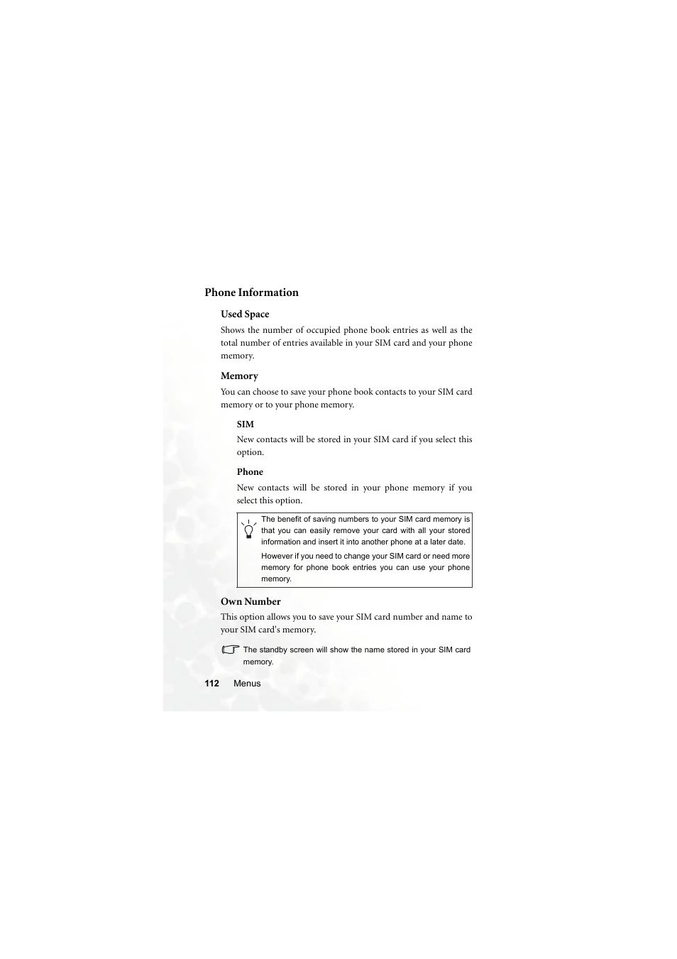 Phone information, Used space, Memory | Phone, Own number | BenQ S700 User Manual | Page 128 / 202