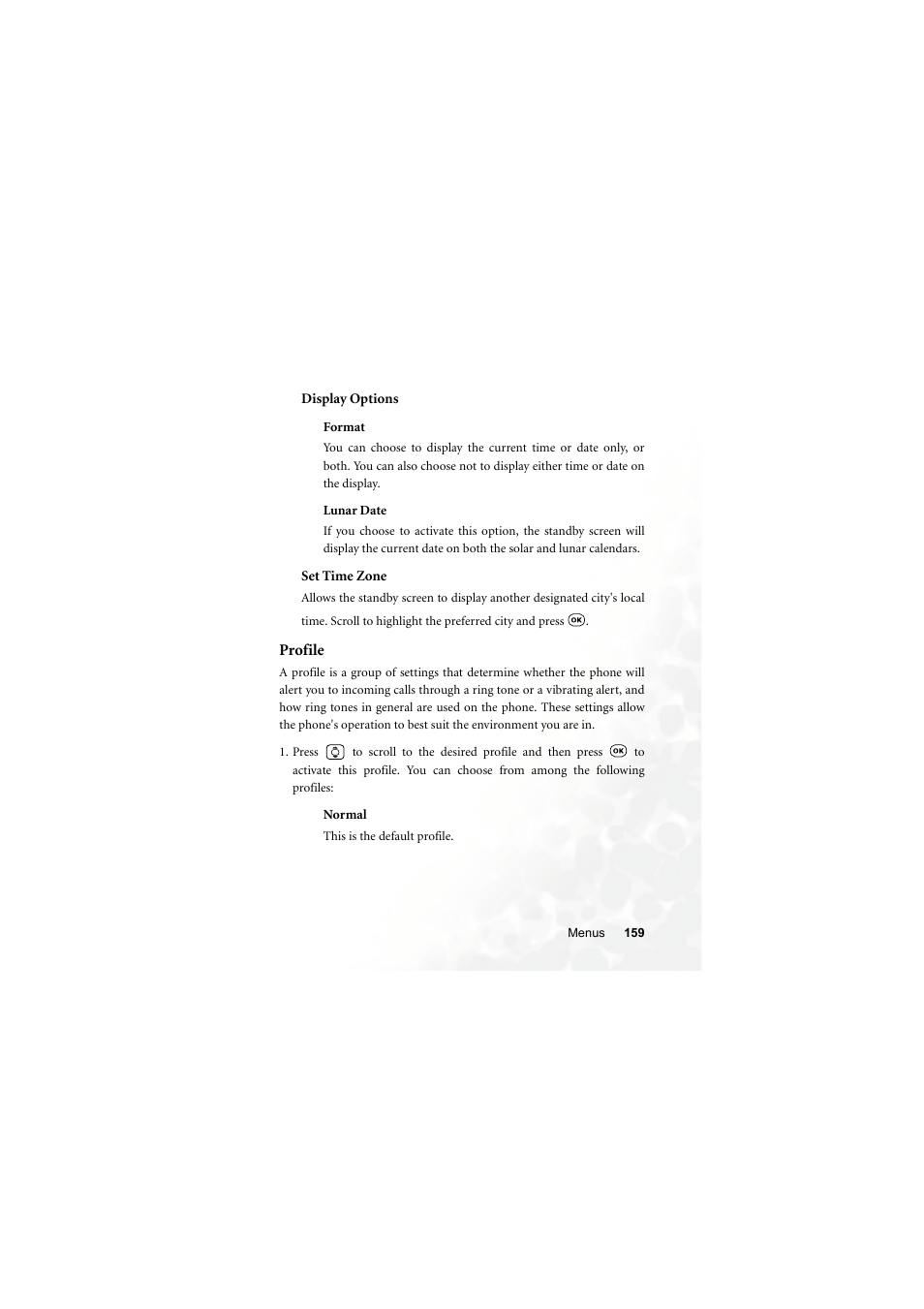 Display options, Format, Lunar date | Set time zone, Profile, Normal | BenQ S700 User Manual | Page 175 / 202