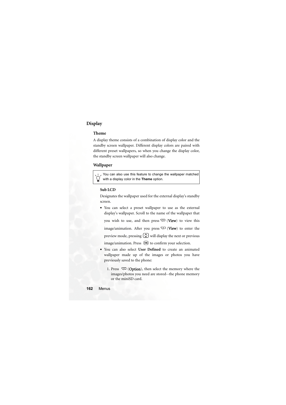 Display, Theme, Wallpaper | Sub lcd | BenQ S700 User Manual | Page 178 / 202