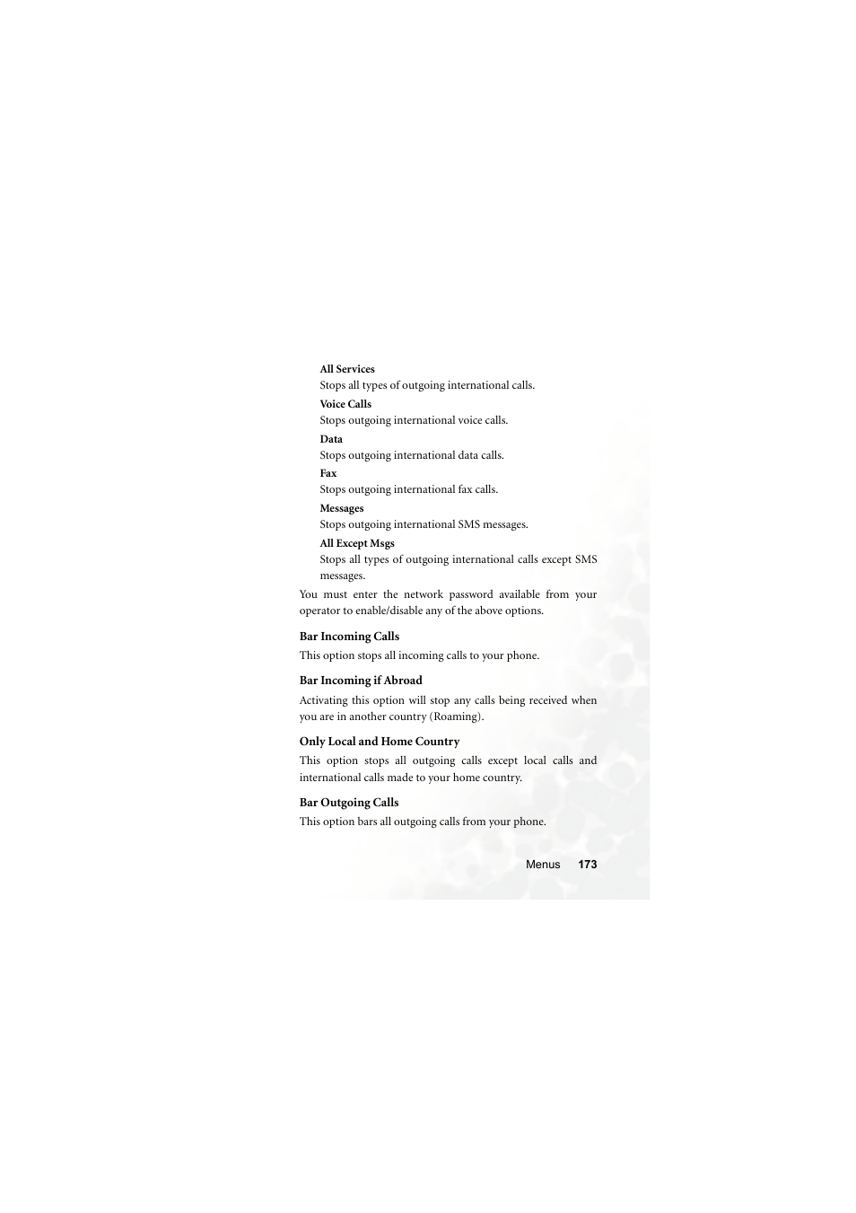 Bar incoming calls, Bar incoming if abroad, Only local and home country | Bar outgoing calls | BenQ S700 User Manual | Page 189 / 202