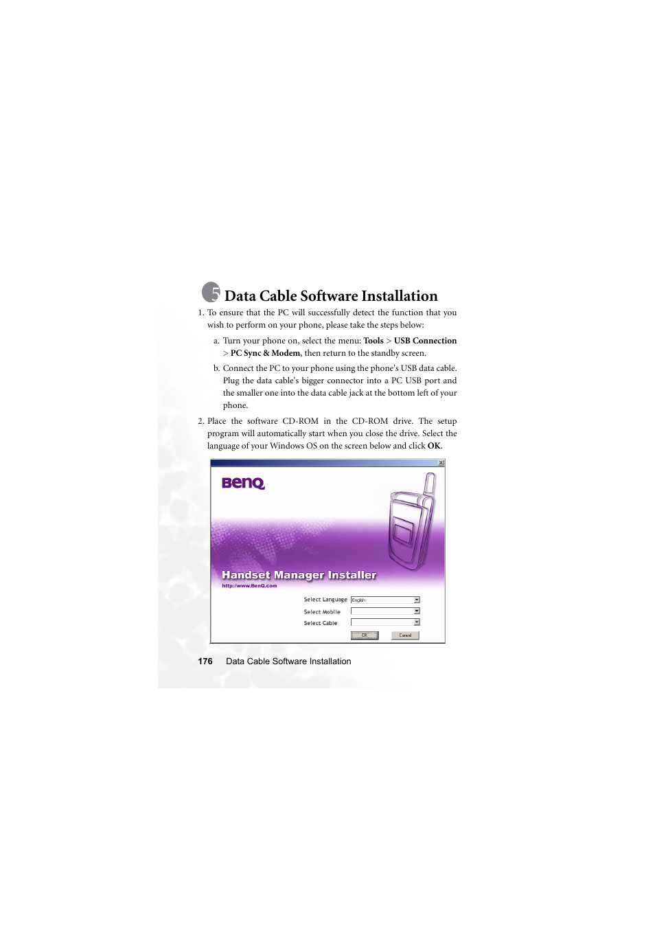 Data cable software installation | BenQ S700 User Manual | Page 192 / 202