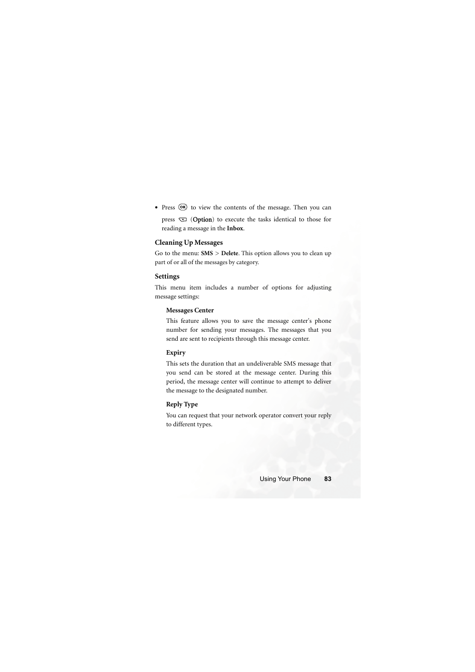 Cleaning up messages, Settings | BenQ S700 User Manual | Page 99 / 202