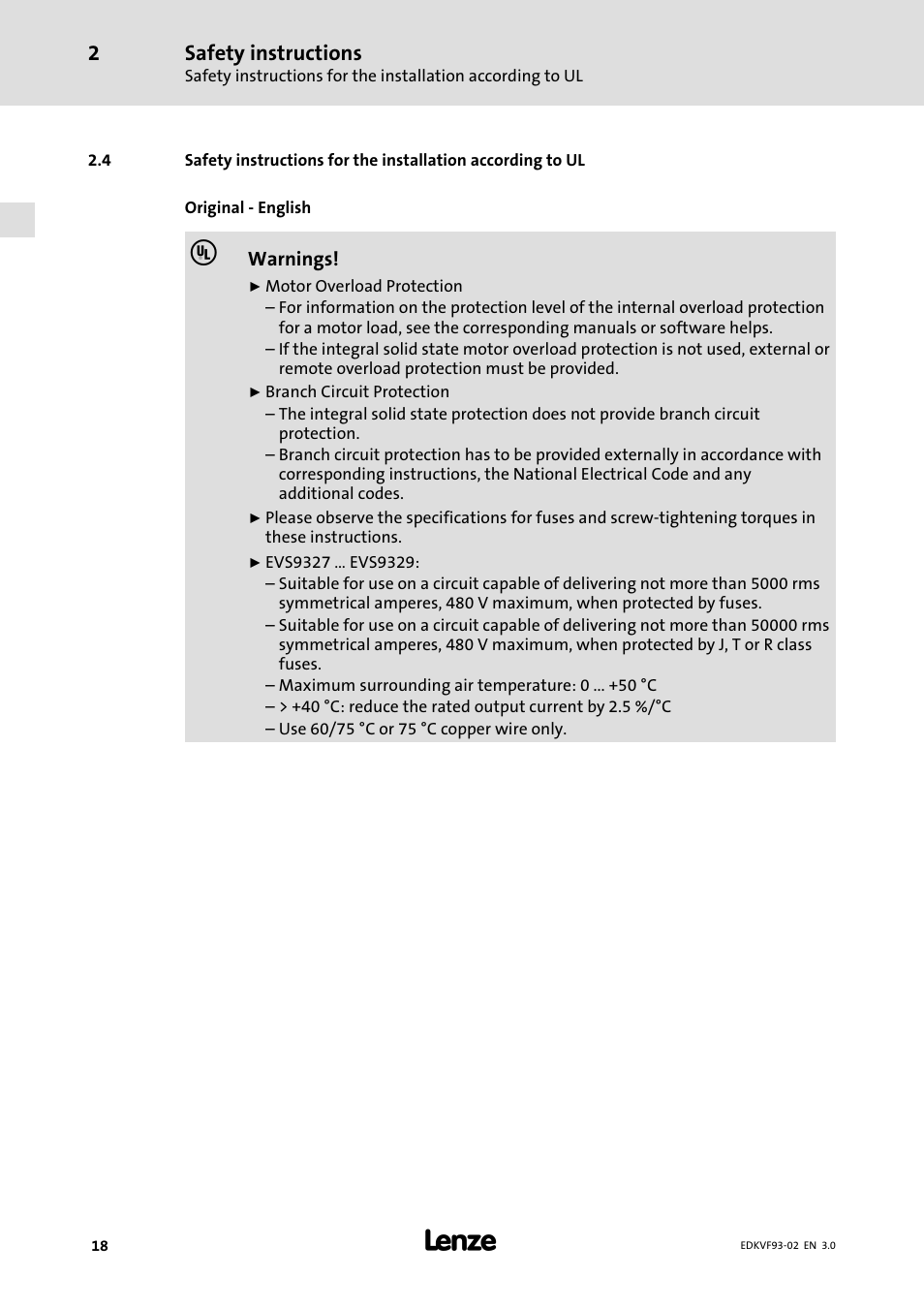 Safety instructions | Lenze EVS9329−xV User Manual | Page 18 / 46
