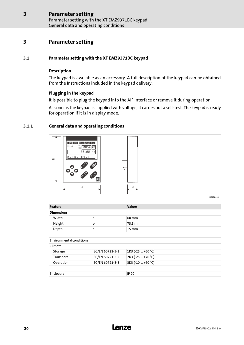 Parameter setting, Parameter setting with the xt emz9371bc keypad, General data and operating conditions | 3parameter setting | Lenze EVS9329−xV User Manual | Page 20 / 46