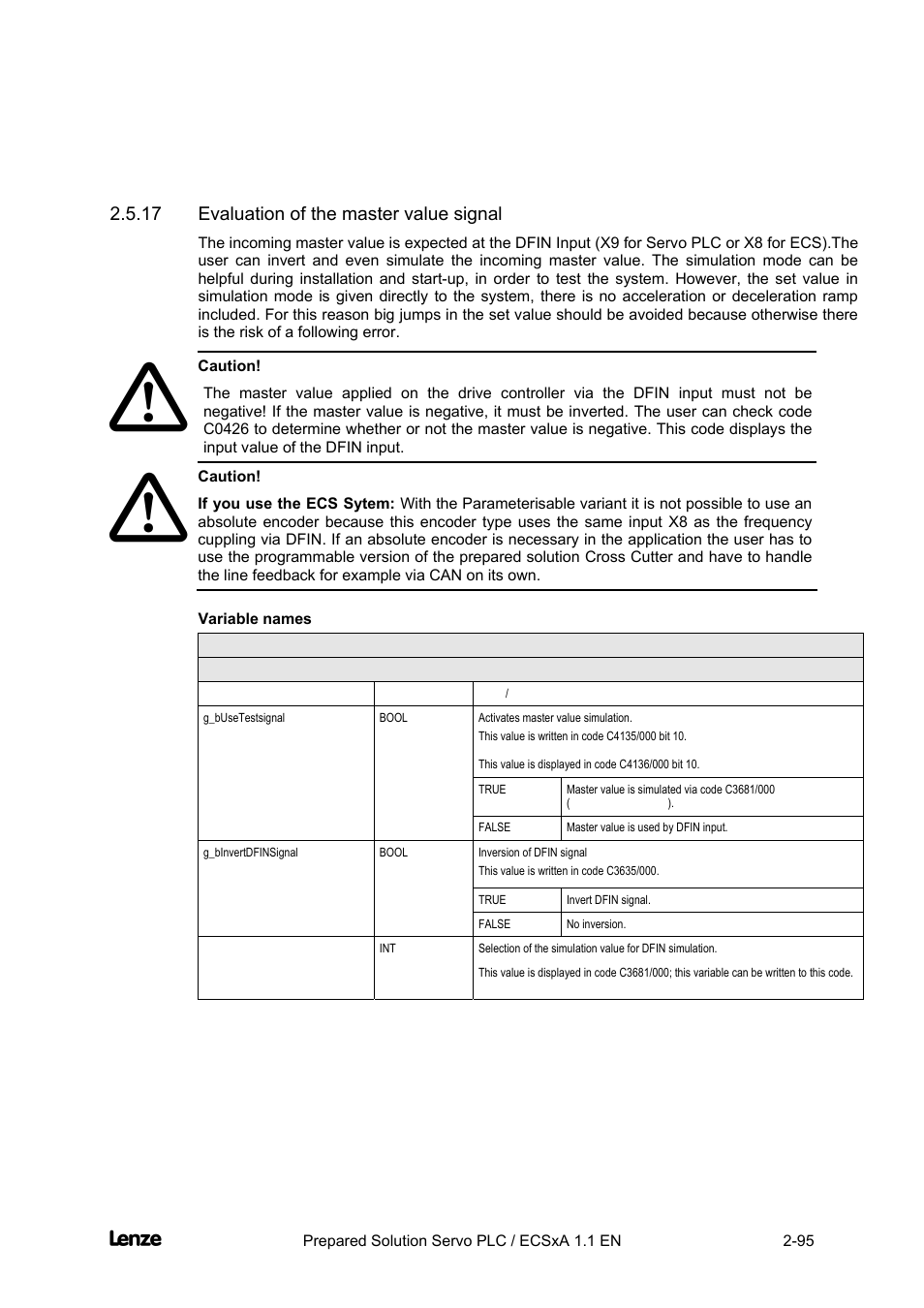 17 evaluation of the master value signal, Variable names, Evaluation of the master value signal -95 | Cross cutter | Lenze EVS93xx CrossCutter User Manual | Page 109 / 277