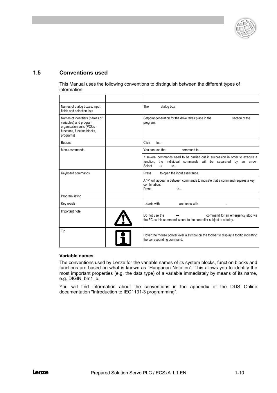 5 conventions used, Variable names, Conventions used -10 | Cross cutter | Lenze EVS93xx CrossCutter User Manual | Page 14 / 277