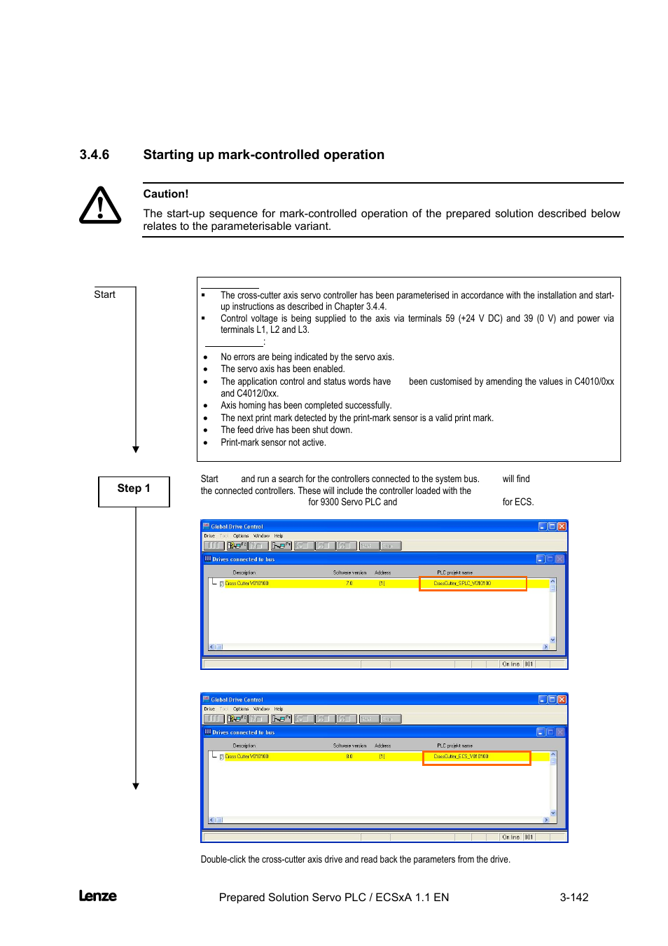 6 starting up mark-controlled operation, Starting up mark-controlled operation -142, Cross cutter | Lenze EVS93xx CrossCutter User Manual | Page 156 / 277