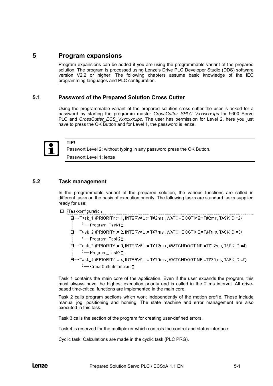 5 program expansions, 1 password of the prepared solution cross cutter, 2 task management | Program expansions -1, Task management -1, Cross cutter | Lenze EVS93xx CrossCutter User Manual | Page 167 / 277