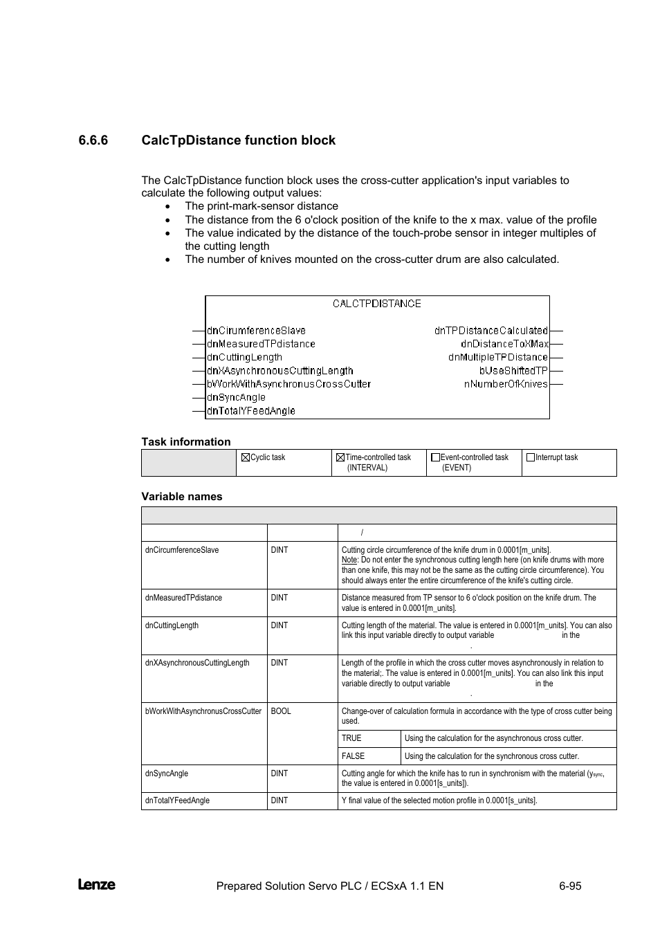 6 calctpdistance function block, Variable names, Calctpdistance function block -95 | Cross cutter, Appendix | Lenze EVS93xx CrossCutter User Manual | Page 263 / 277