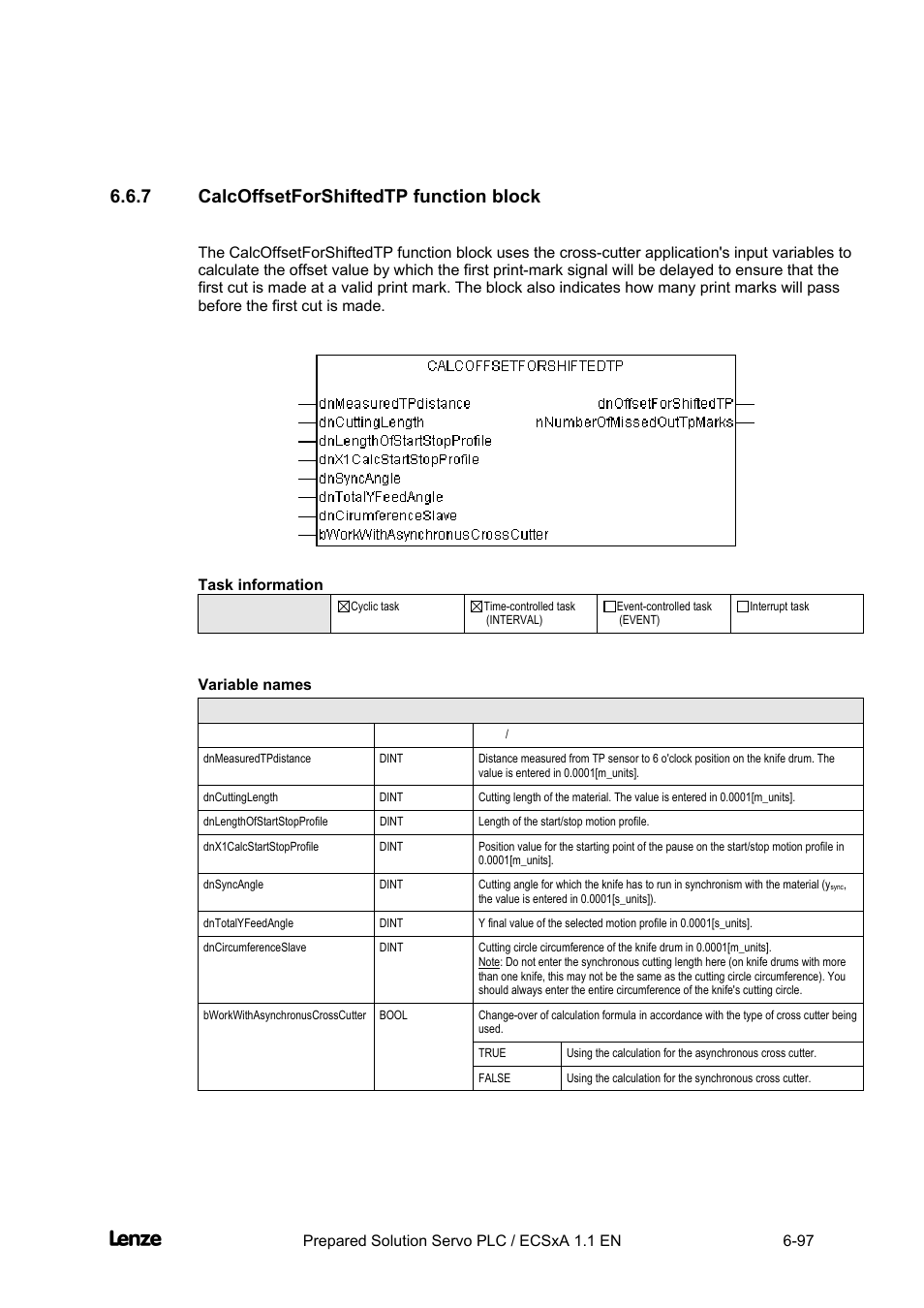 7 calcoffsetforshiftedtp function block, Variable names, Calcoffsetforshiftedtp function block -97 | Cross cutter, Appendix | Lenze EVS93xx CrossCutter User Manual | Page 265 / 277